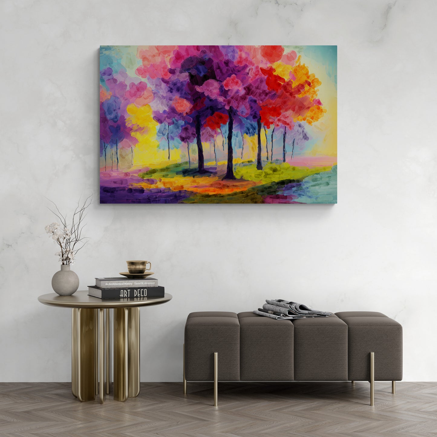 Colorful abstract painting of trees on a wall above a modern living room setup.