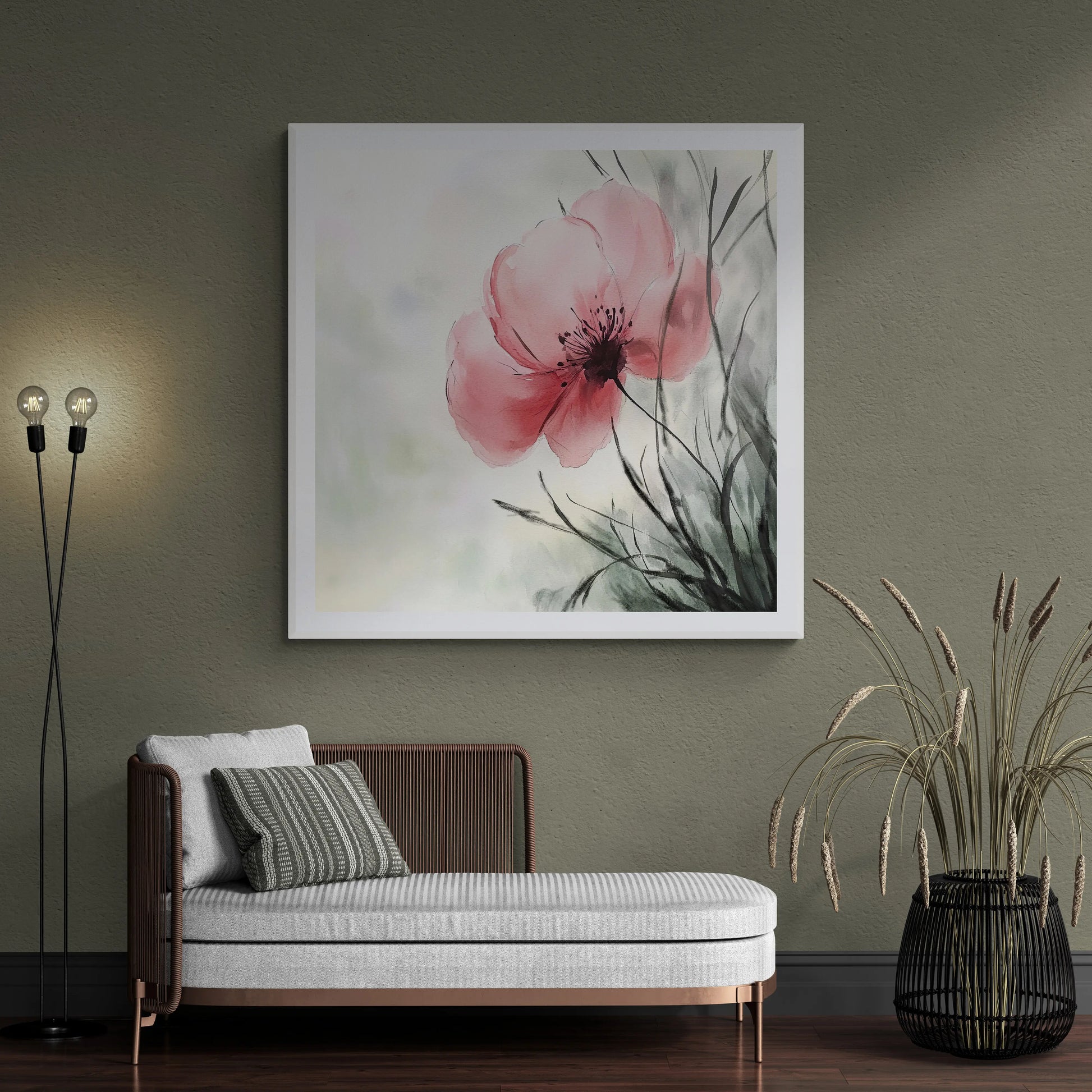 Living room with a floral painting on the wall, a sofa, and decorative elements.