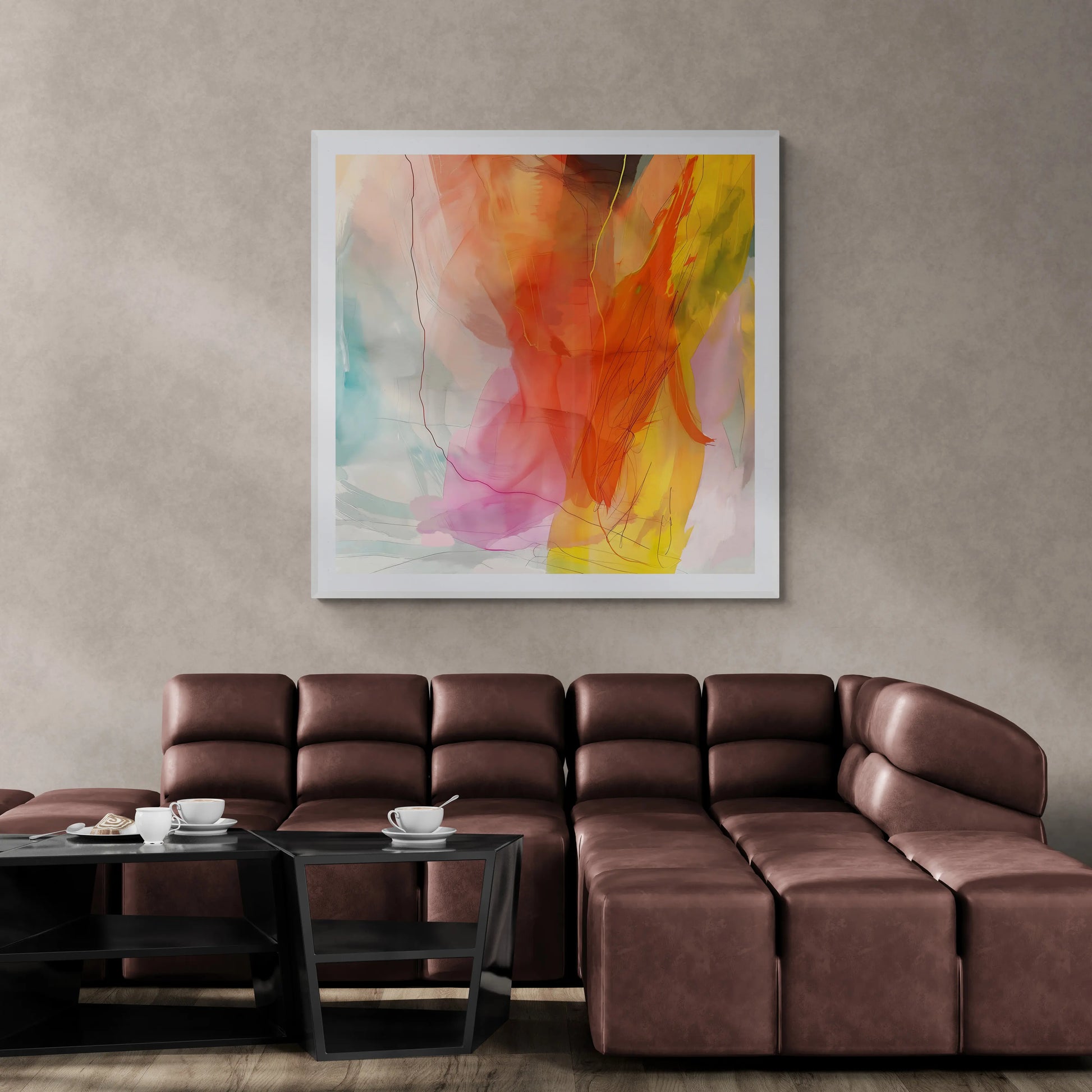 Brown leather sectional sofa in a living room with a colorful abstract painting on the wall.