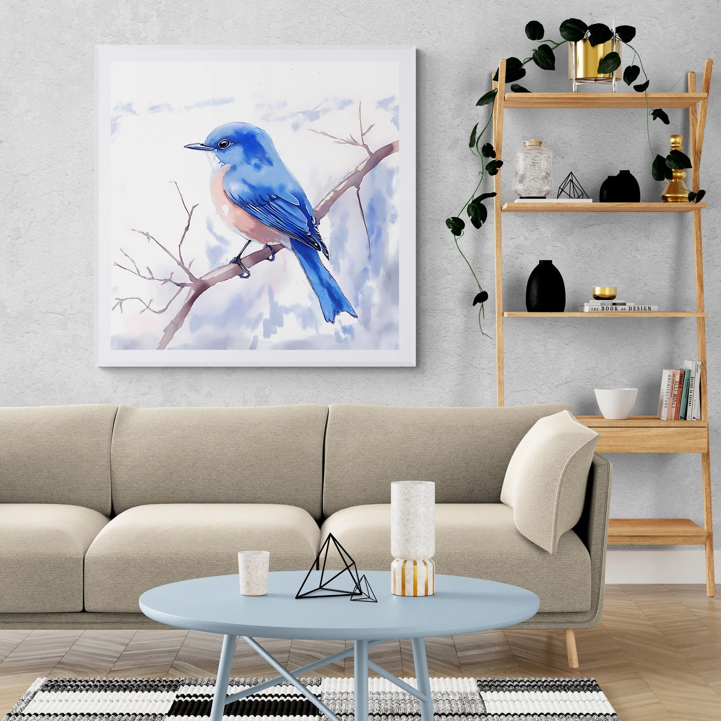Living room with a blue bird painting on the wall, beige sofa, and decorative items.