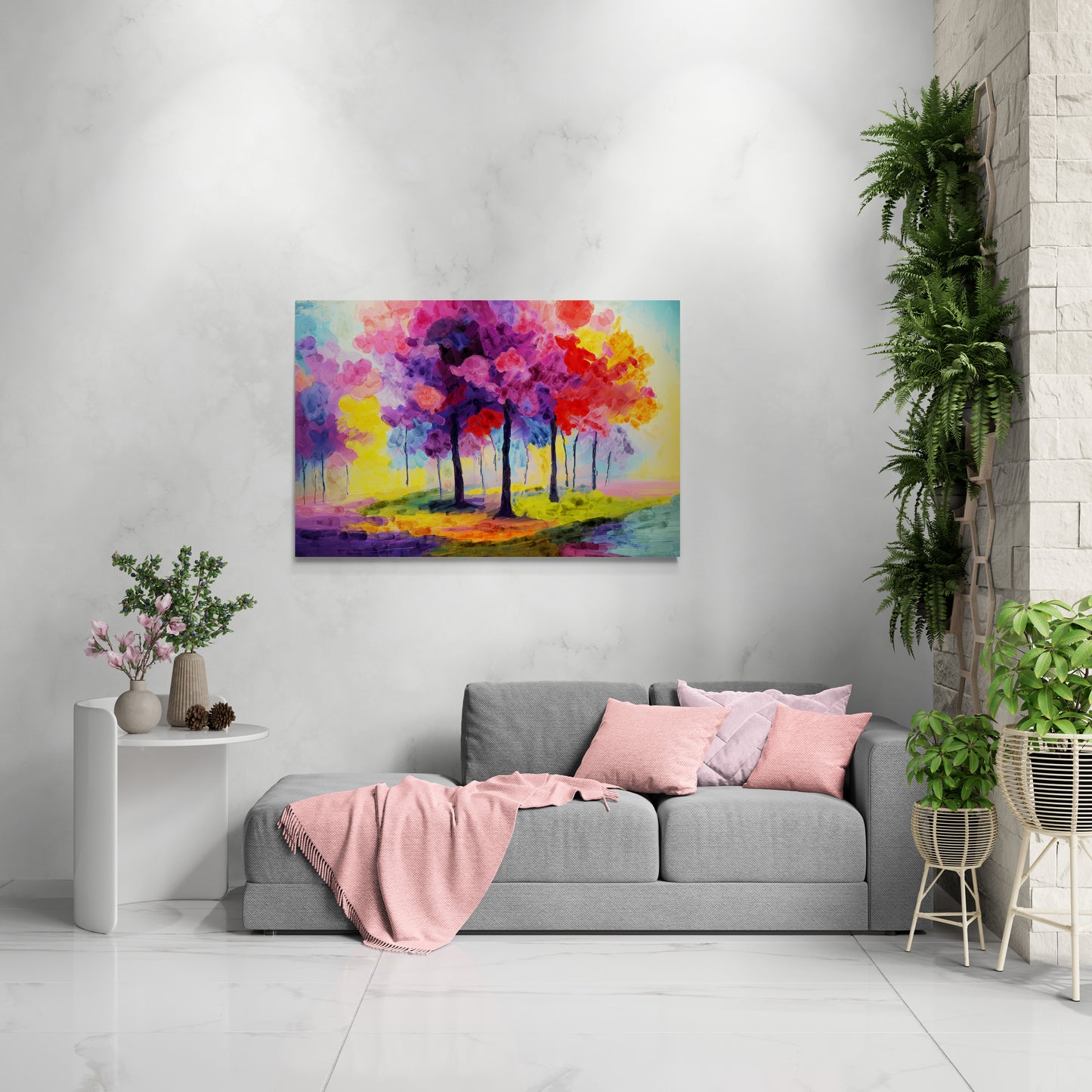 Living room with a colorful abstract painting of trees on the wall, a gray sofa with pink pillows, and decorative plants.