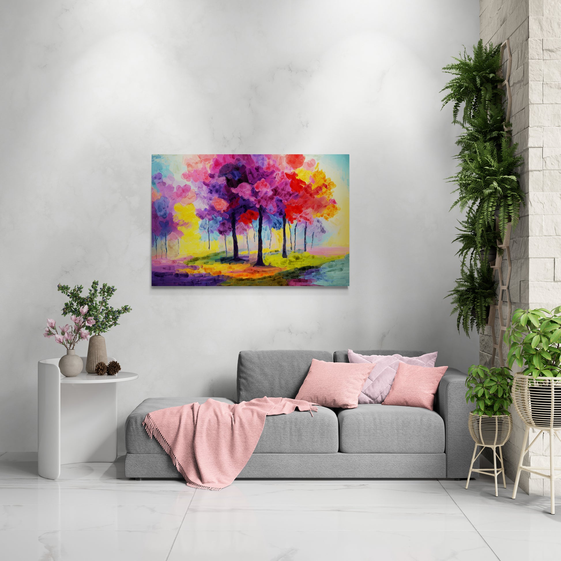 Living room with a colorful abstract painting of trees on the wall, a gray sofa with pink pillows, and decorative plants.