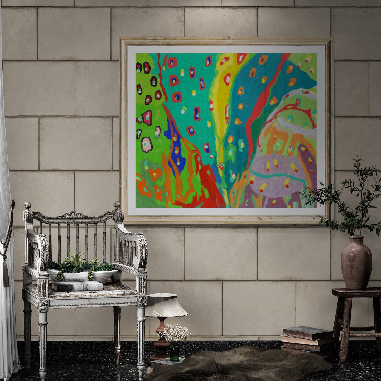 "Joyful Motion colourful abstract wall art print styled in a lounge with antique wooden chair"