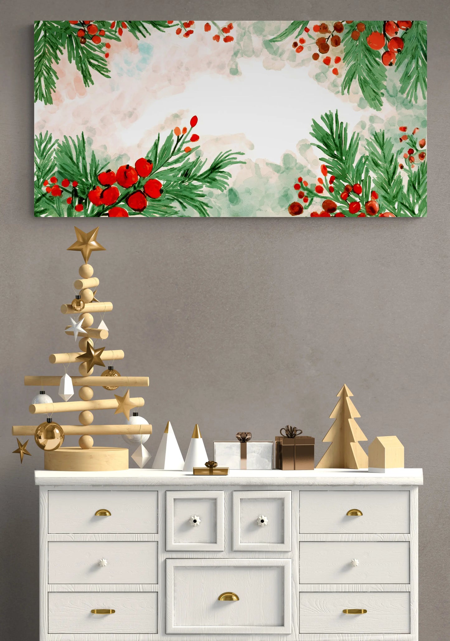 Decorative Christmas scene with a painting, wooden trees, and gift boxes on a dresser.