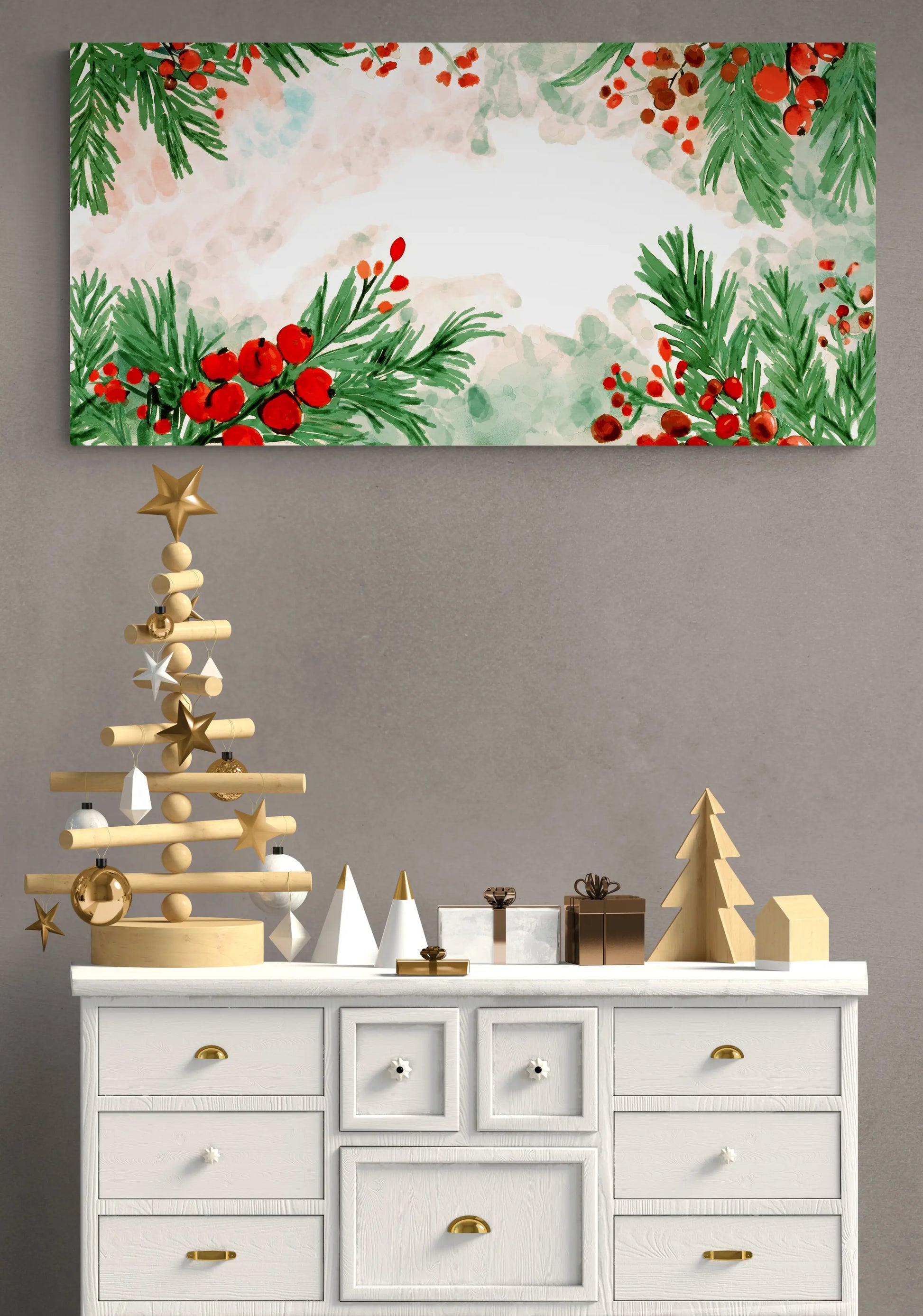 Decorative Christmas scene with a painting, wooden trees, and gift boxes on a dresser.