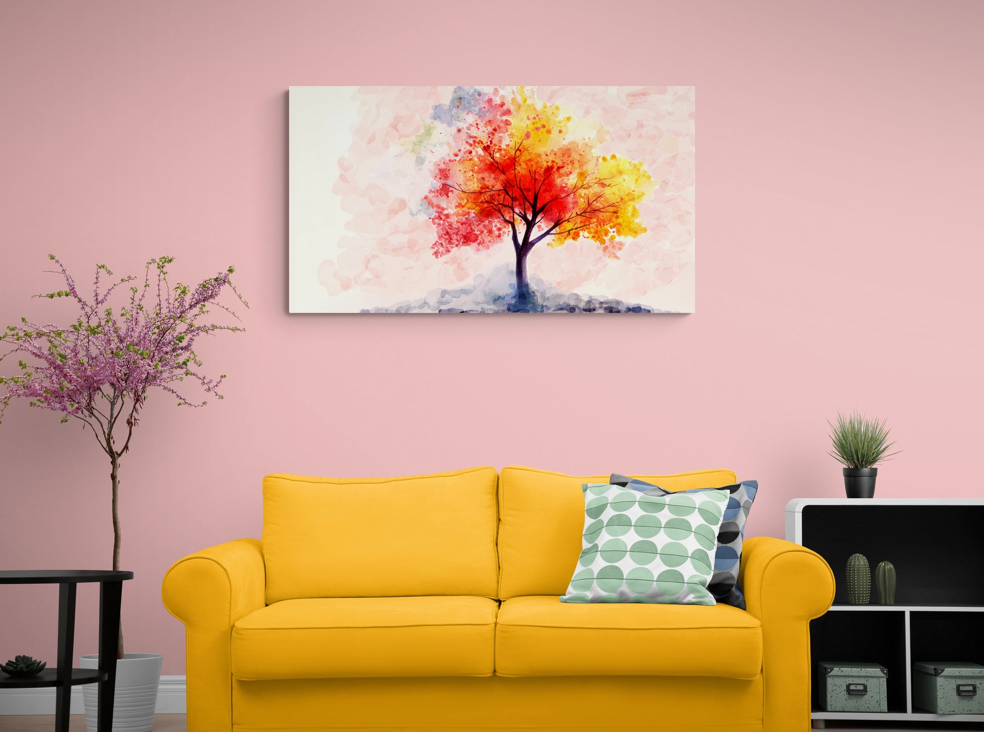 Yellow sofa with a colorful tree painting on a pink wall.