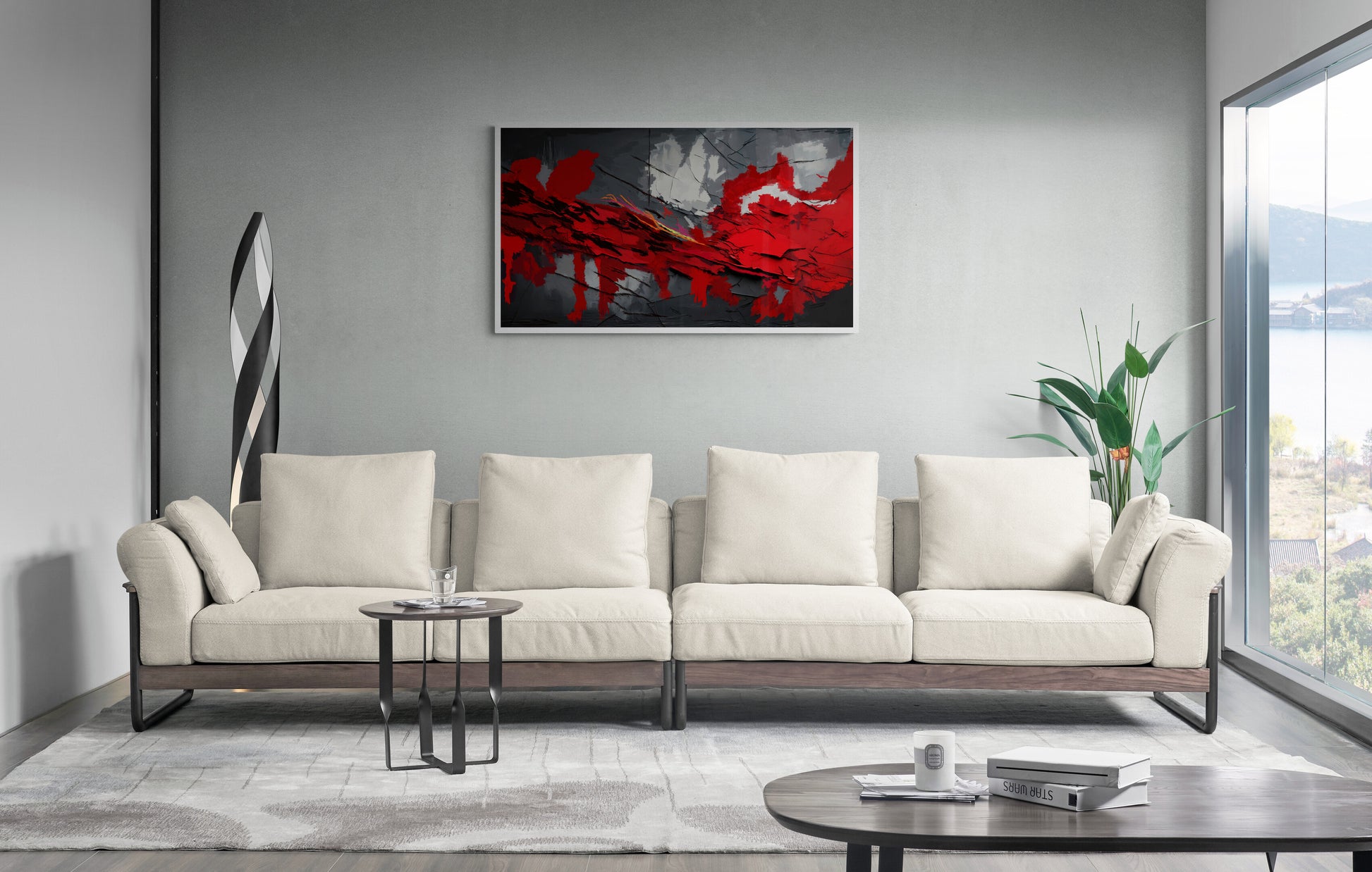 Modern living room with a sectional sofa, coffee table, and abstract painting on the wall.