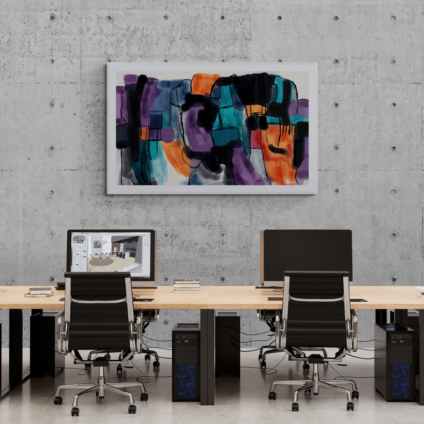 Modern office setup with two desks, chairs, and a colorful abstract painting on a concrete wall.