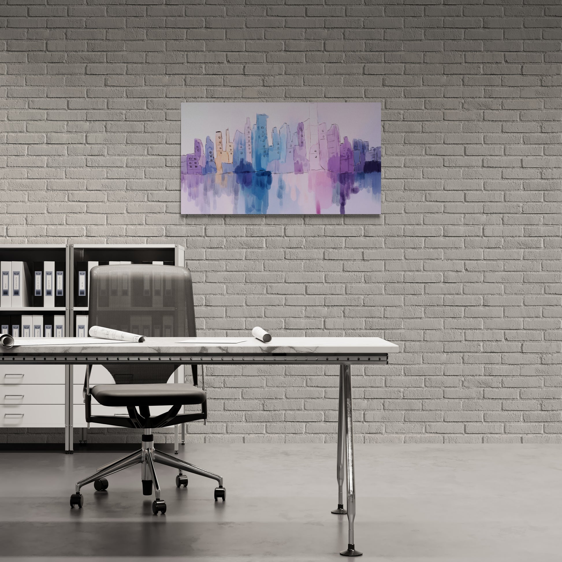 Modern office setup with a desk, chair, and abstract cityscape painting on a brick wall.