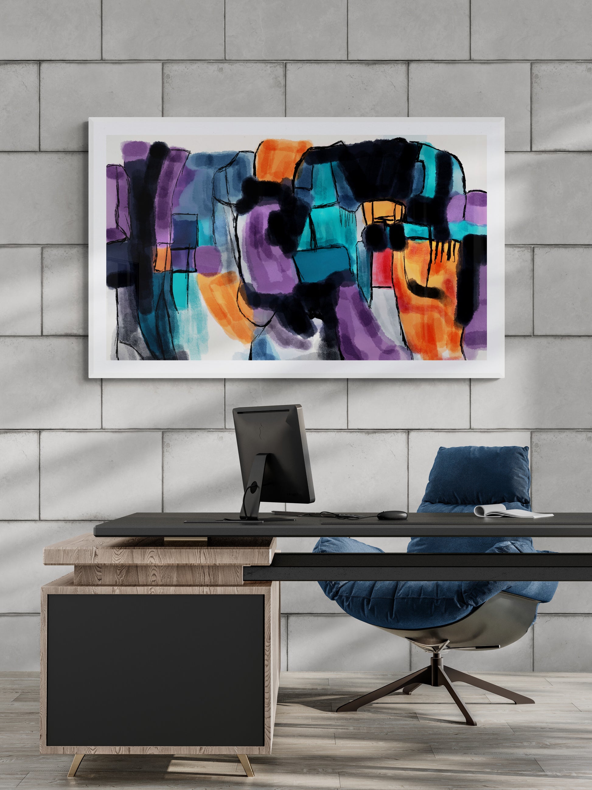 Modern office setup with a colorful abstract painting on the wall.