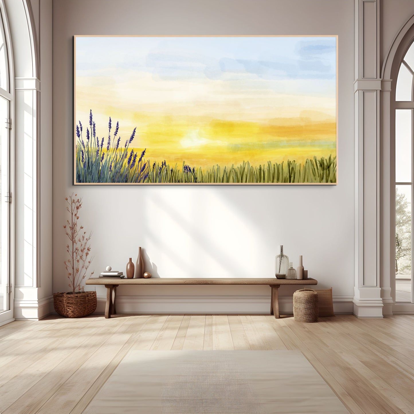 Decorative painting of a sunset over a field with lavender on a wall in a room with wooden flooring and white walls.