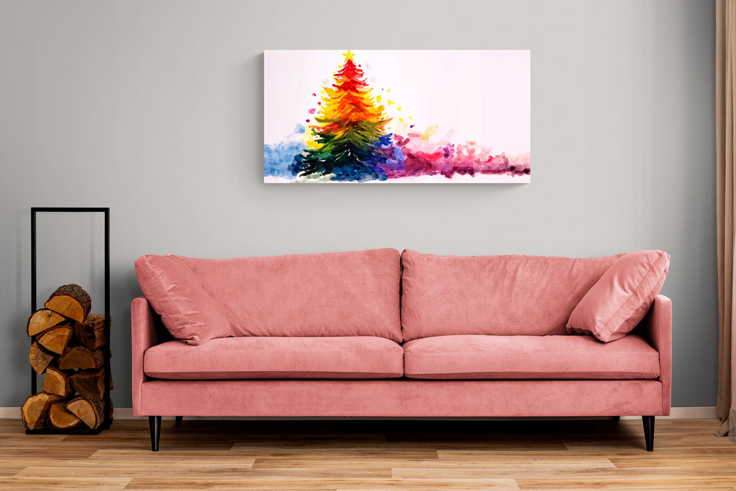 Pink sofa in a room with a colorful abstract painting on the wall.