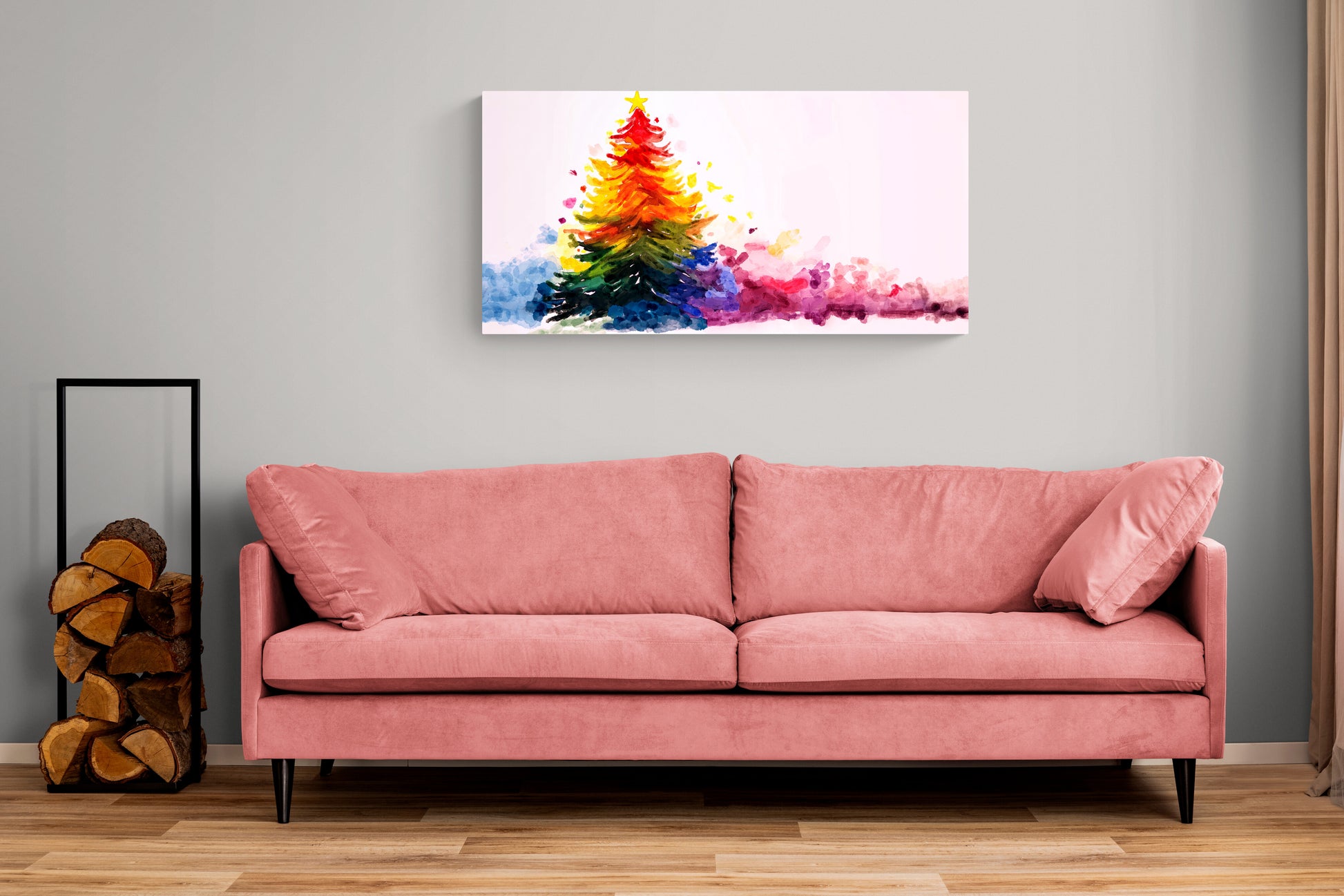 Pink sofa in a room with a colorful abstract painting on the wall.
