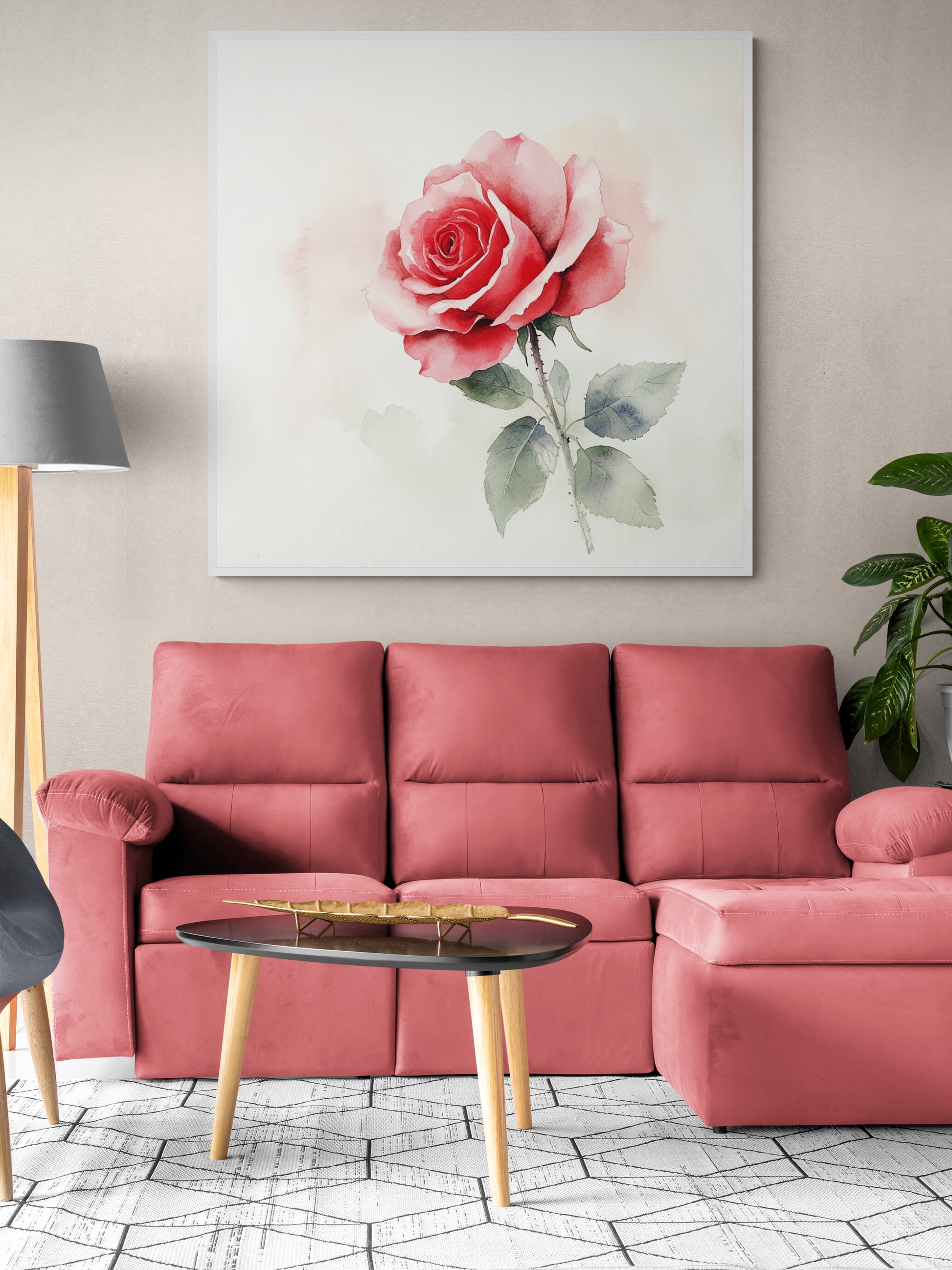 Living room with pink sofa, round table, and floral artwork on the wall.