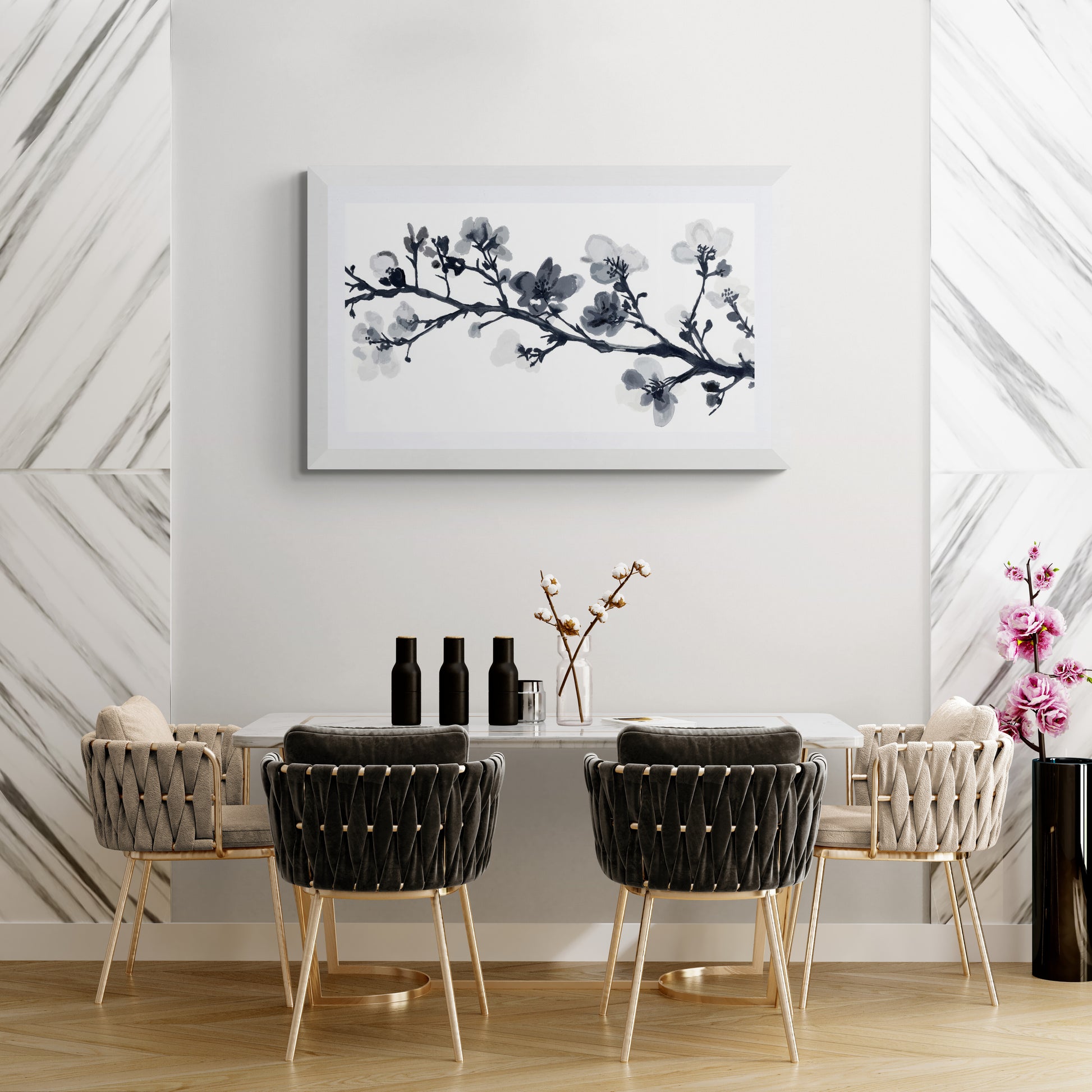 Modern dining room with a black and white floral painting on the wall.