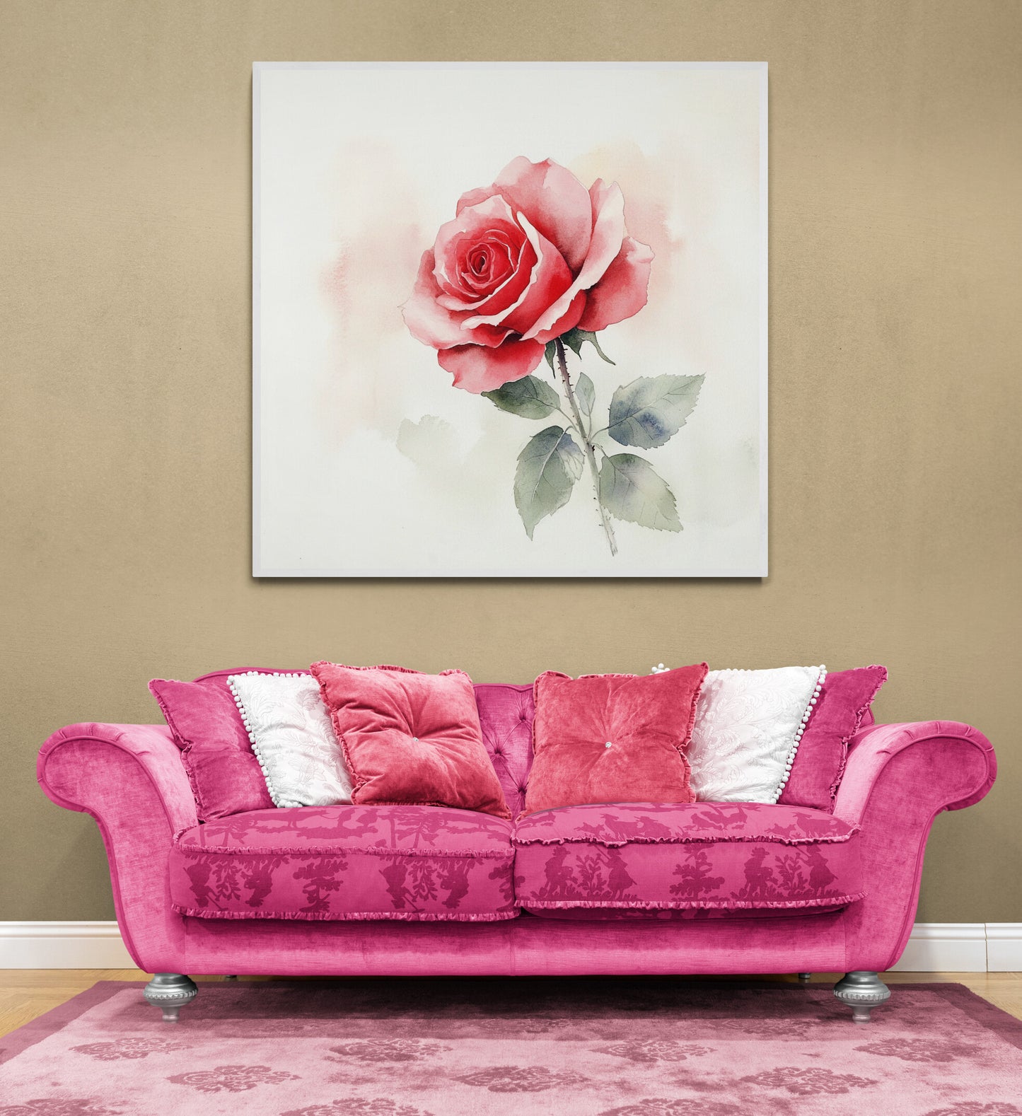 Pink sofa with decorative cushions in front of a wall with a rose painting.