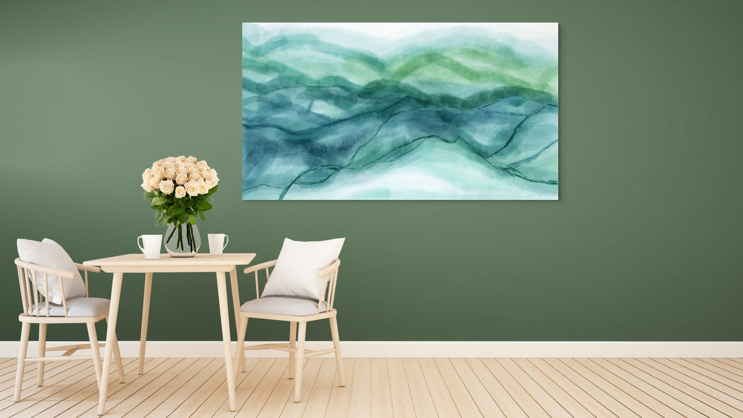 Dining room with a table, chairs, and a large abstract painting on the wall.