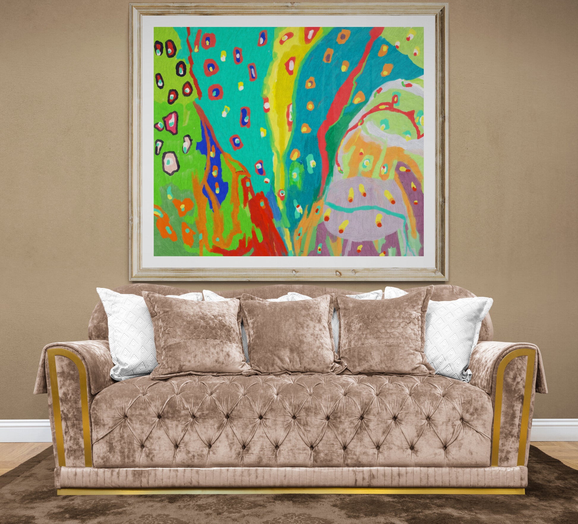 "Joyful Motion vibrant abstract art print displayed above a traditional velvet sofa in a living room"