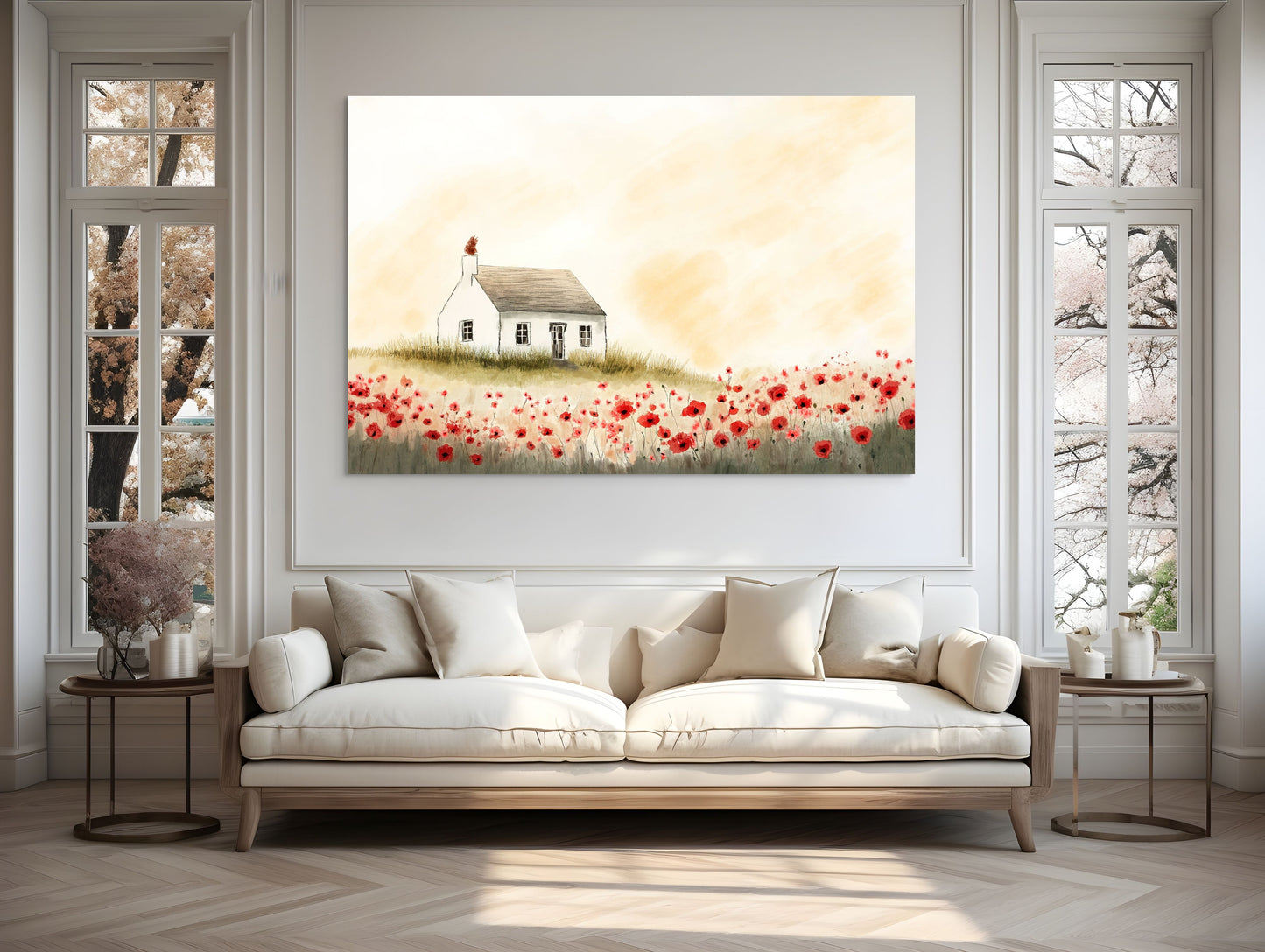 Painting of a white house with red flowers on a wall above a beige sofa in a room with large windows.