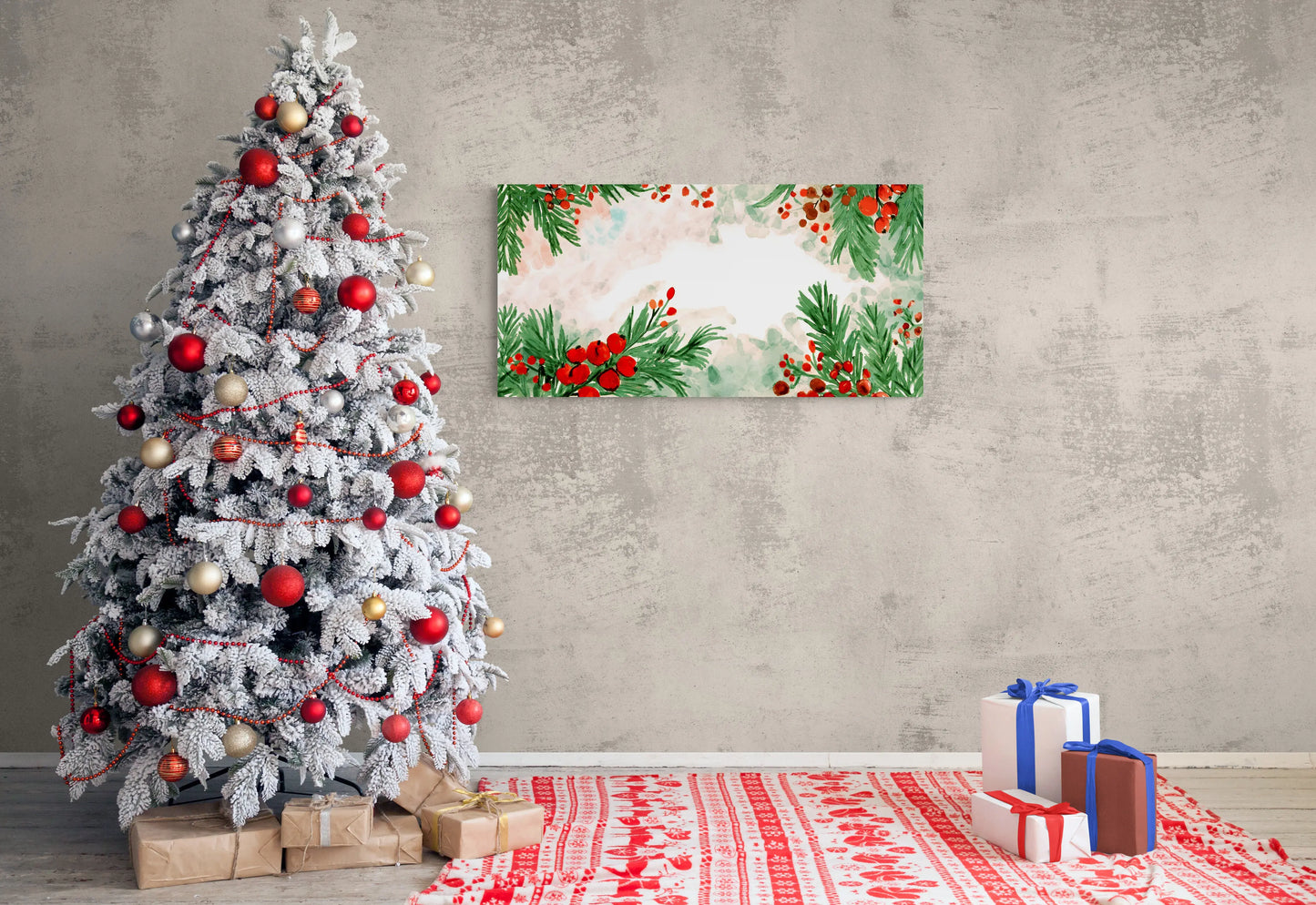 Decorated Christmas tree with ornaments in a room with a wall art piece.