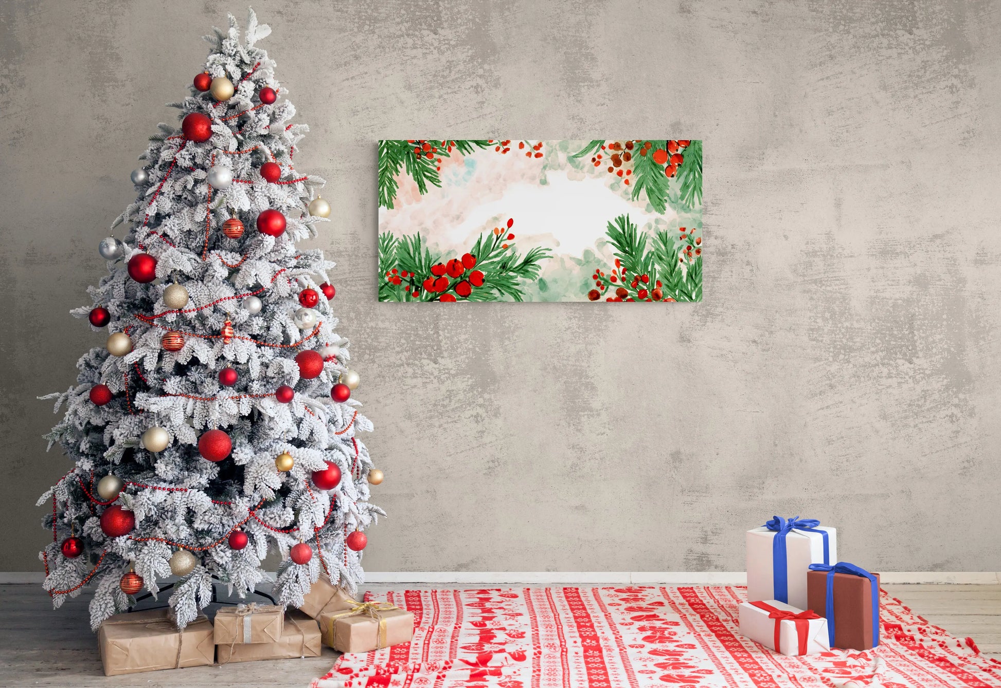 Decorated Christmas tree with ornaments in a room with a wall art piece.