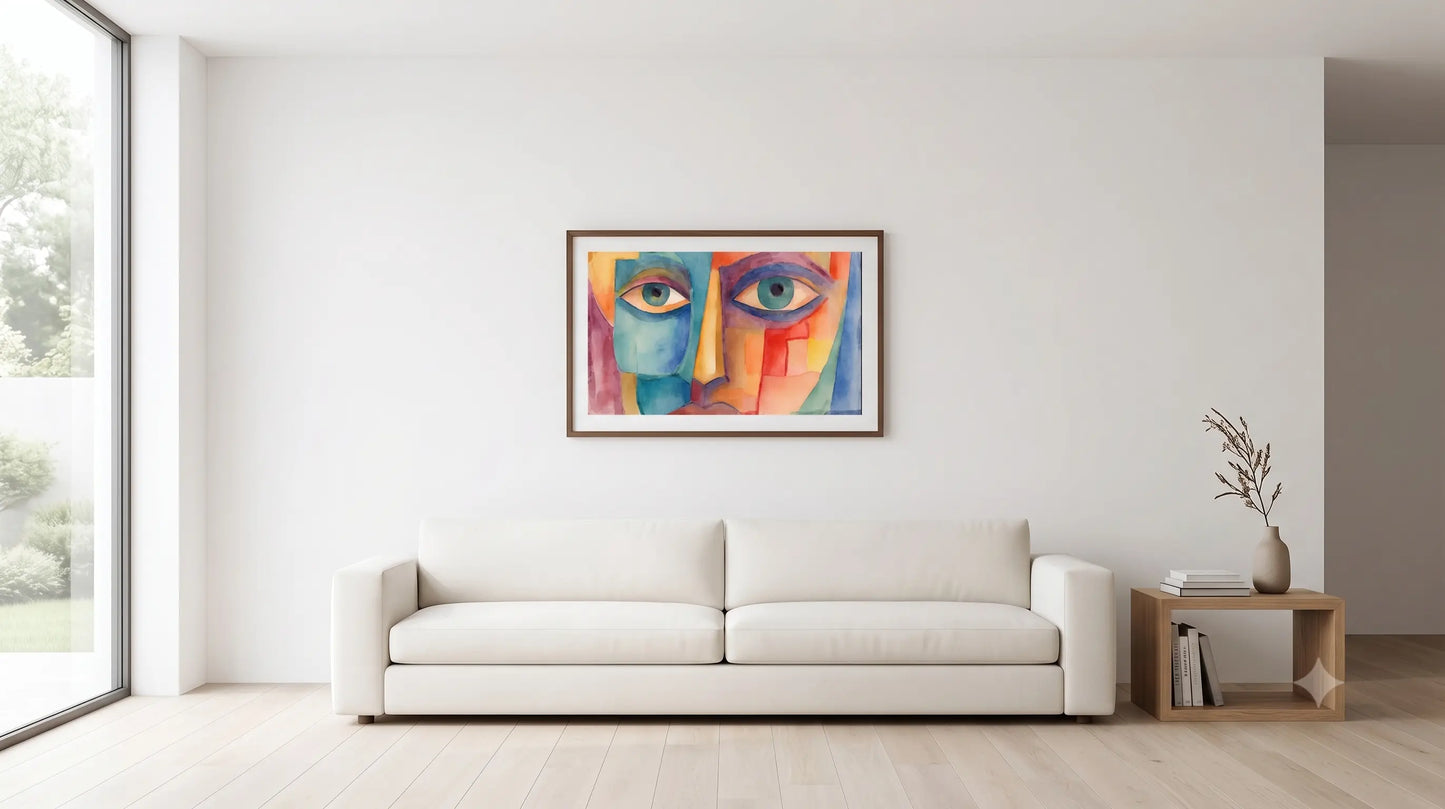 A colorful framed abstract art print depicting two stylized faces hangs on a white wall above a modern white sofa in a bright, minimalist living room.