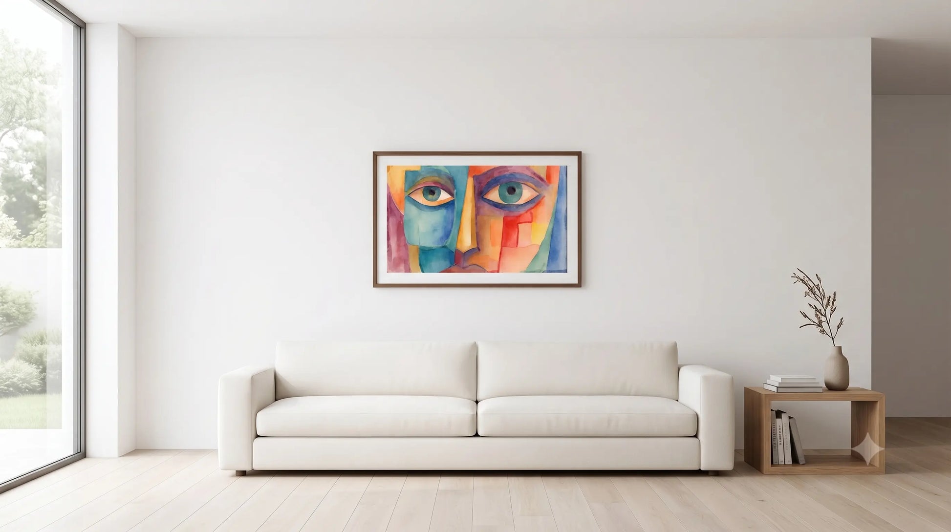 A colorful framed abstract art print depicting two stylized faces hangs on a white wall above a modern white sofa in a bright, minimalist living room.