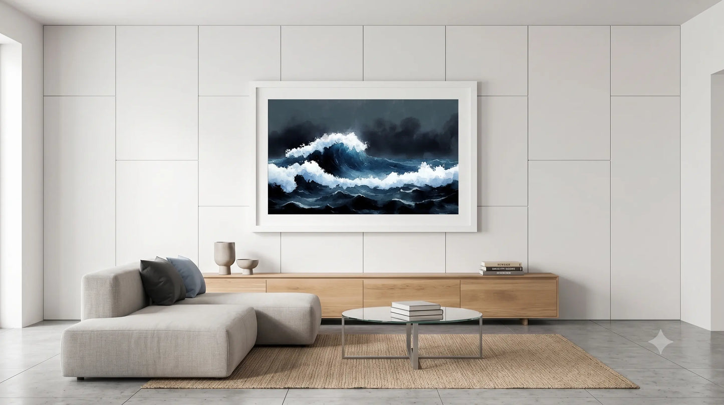 A framed wave art print hangs on a white paneled wall above a modern light wood console and a beige sectional sofa in a bright, minimalist living room.