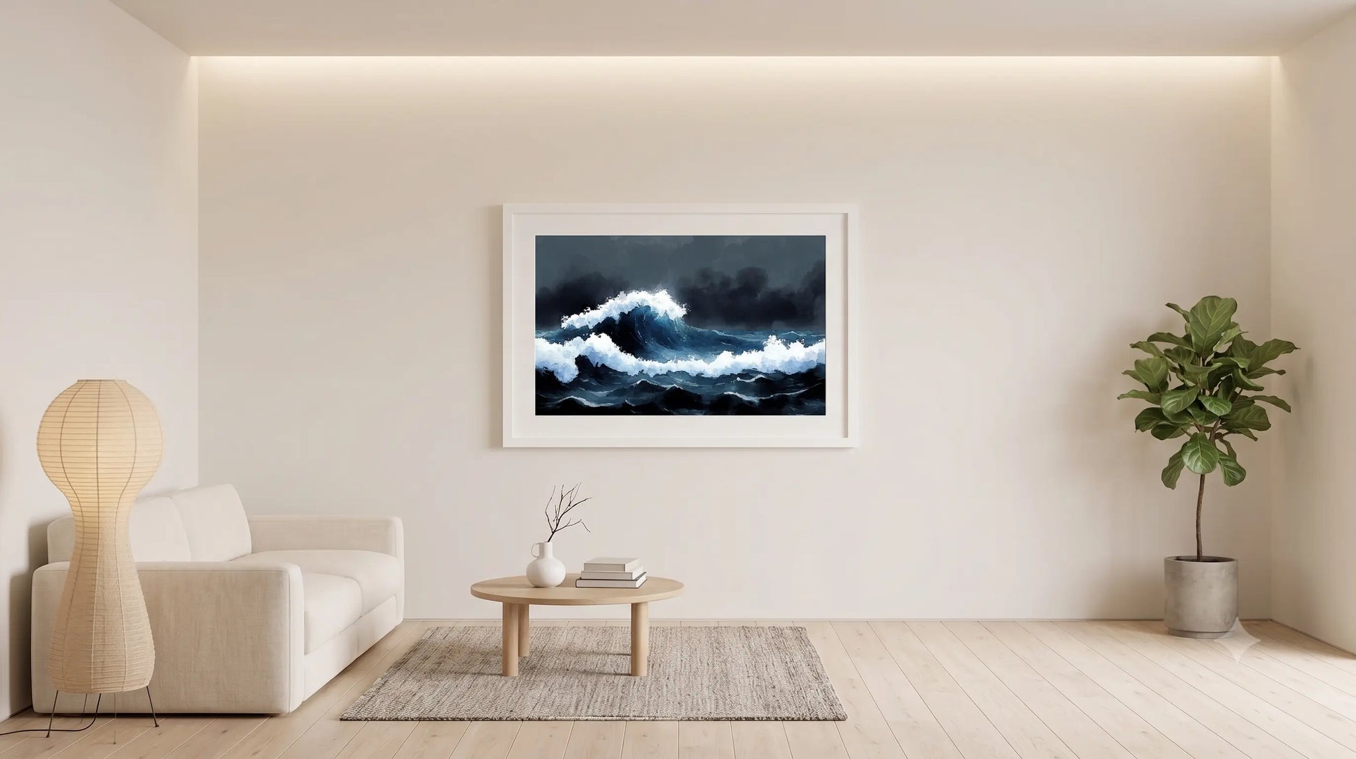 A framed square art print depicting a dramatic dark blue and white ocean wave, displayed on a beige wall in a modern minimalist living room setting.