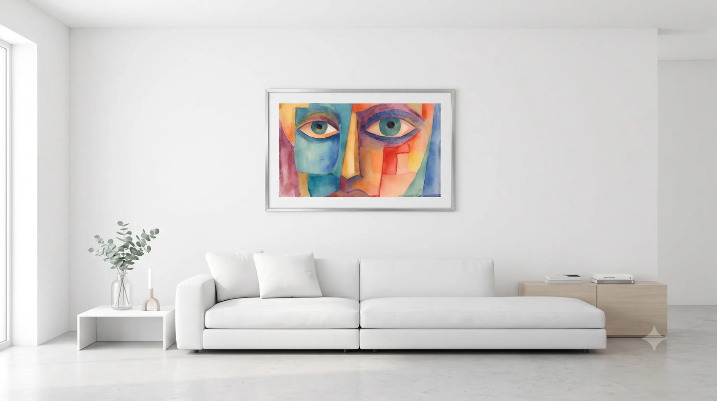A colorful abstract painting of a face with prominent eyes, displayed in a white frame on a white wall above a modern white sofa in a bright, minimalist living room.