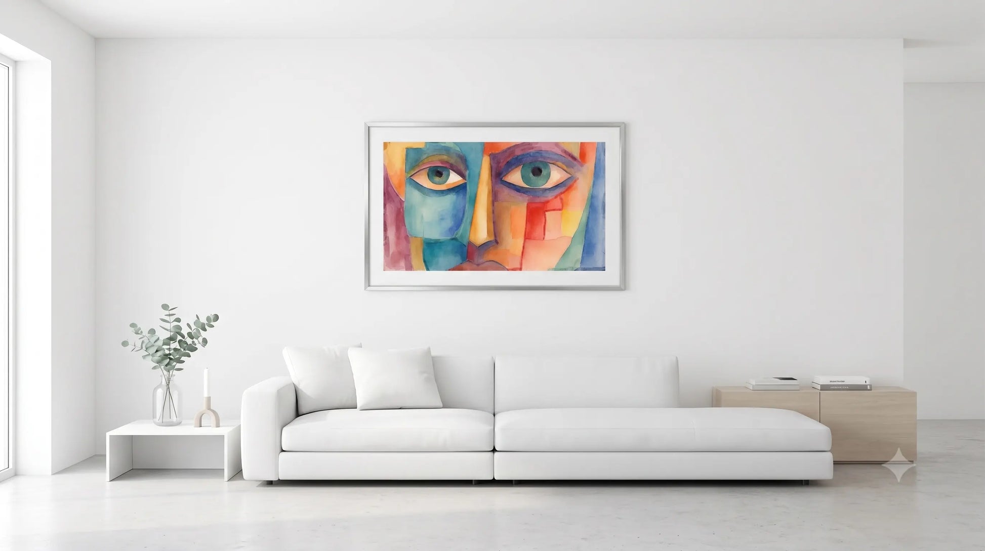 A colorful abstract painting of a face with prominent eyes, displayed in a white frame on a white wall above a modern white sofa in a bright, minimalist living room.