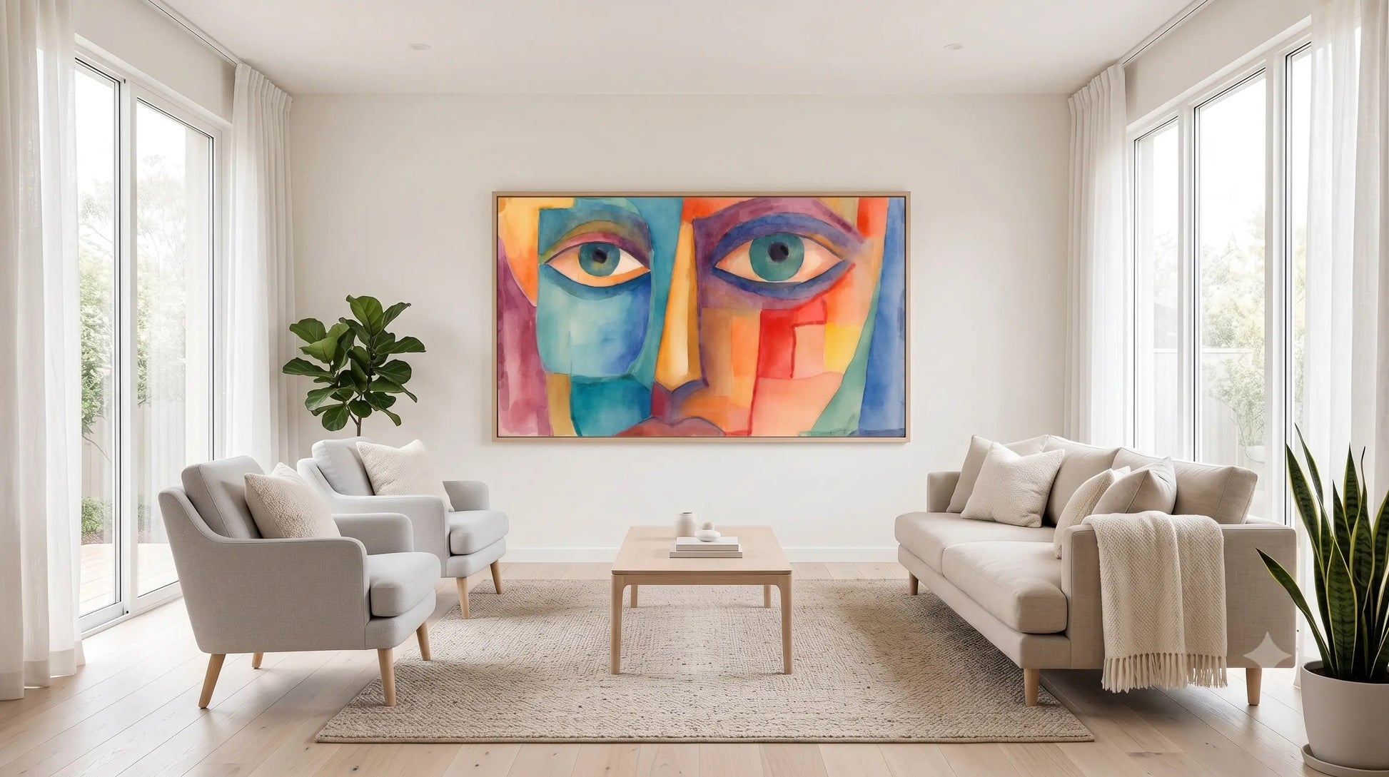 A large colorful abstract painting of a stylized face hangs on a white wall in a bright, modern living room with two light gray armchairs, a beige sofa, and a small wooden coffee table.