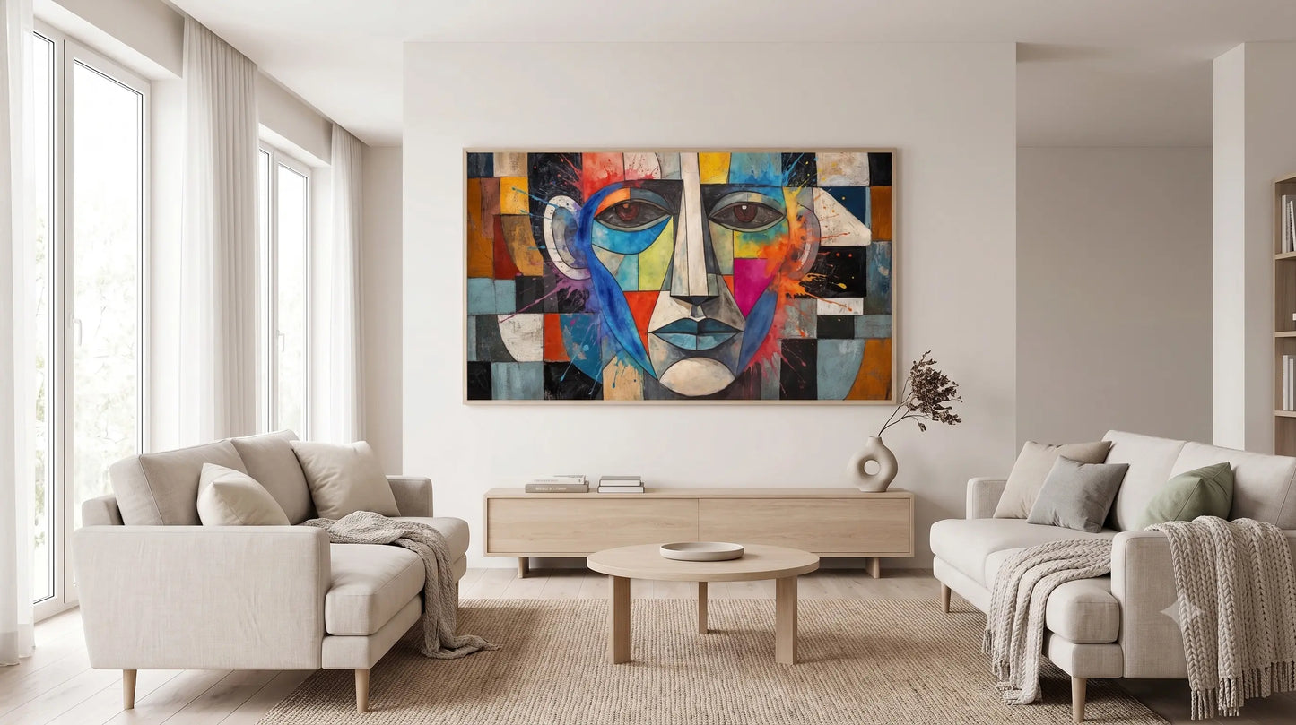 A large square abstract canvas painting of a stylized face in geometric blocks of blue, red, yellow, black, and white, displayed on a light wall in a bright, modern living room with two beige sofas and a round coffee table.