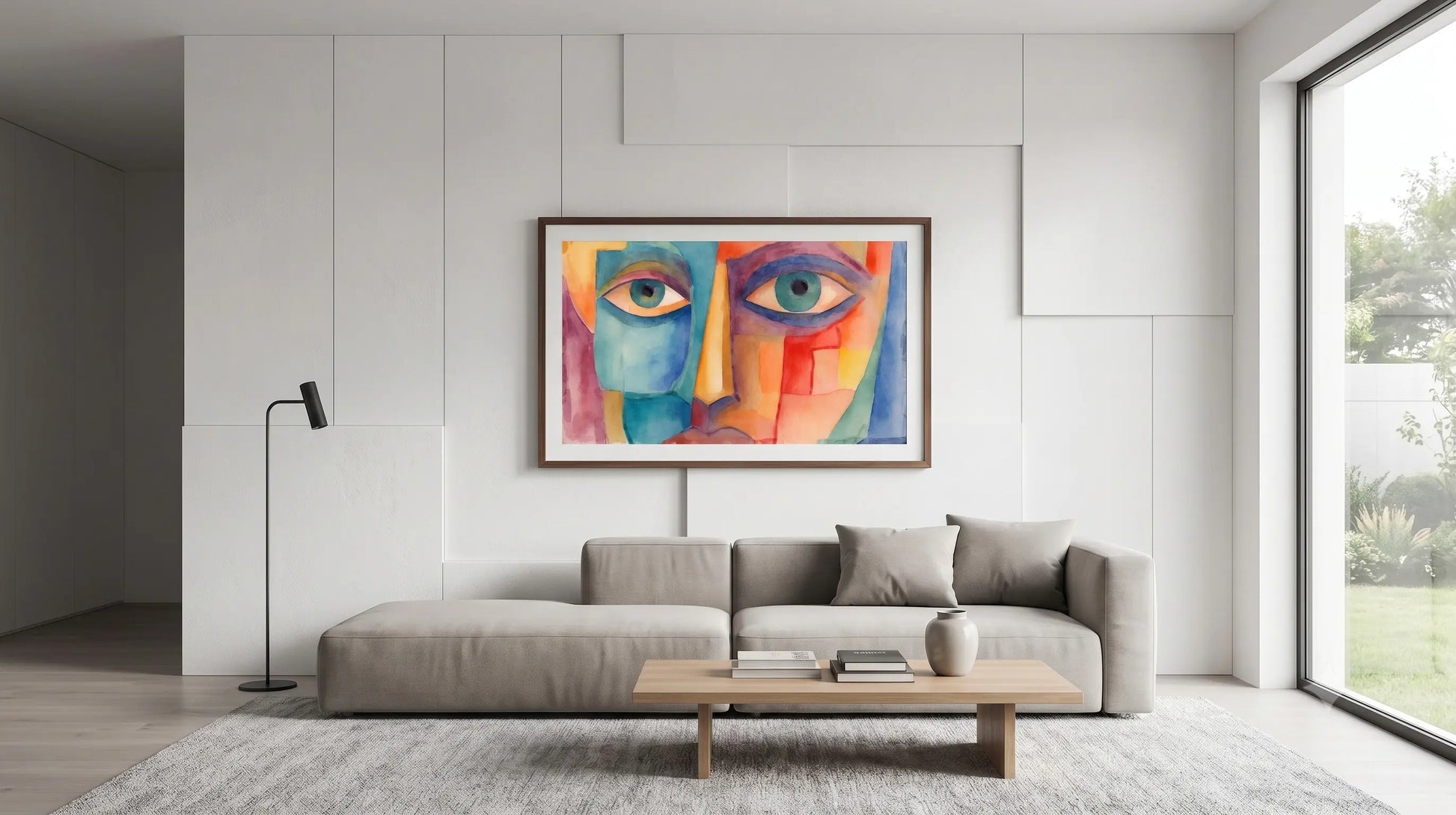 A colorful abstract painting of two faces hangs on a light gray paneled wall above a modern gray sectional sofa in a bright, contemporary living room.