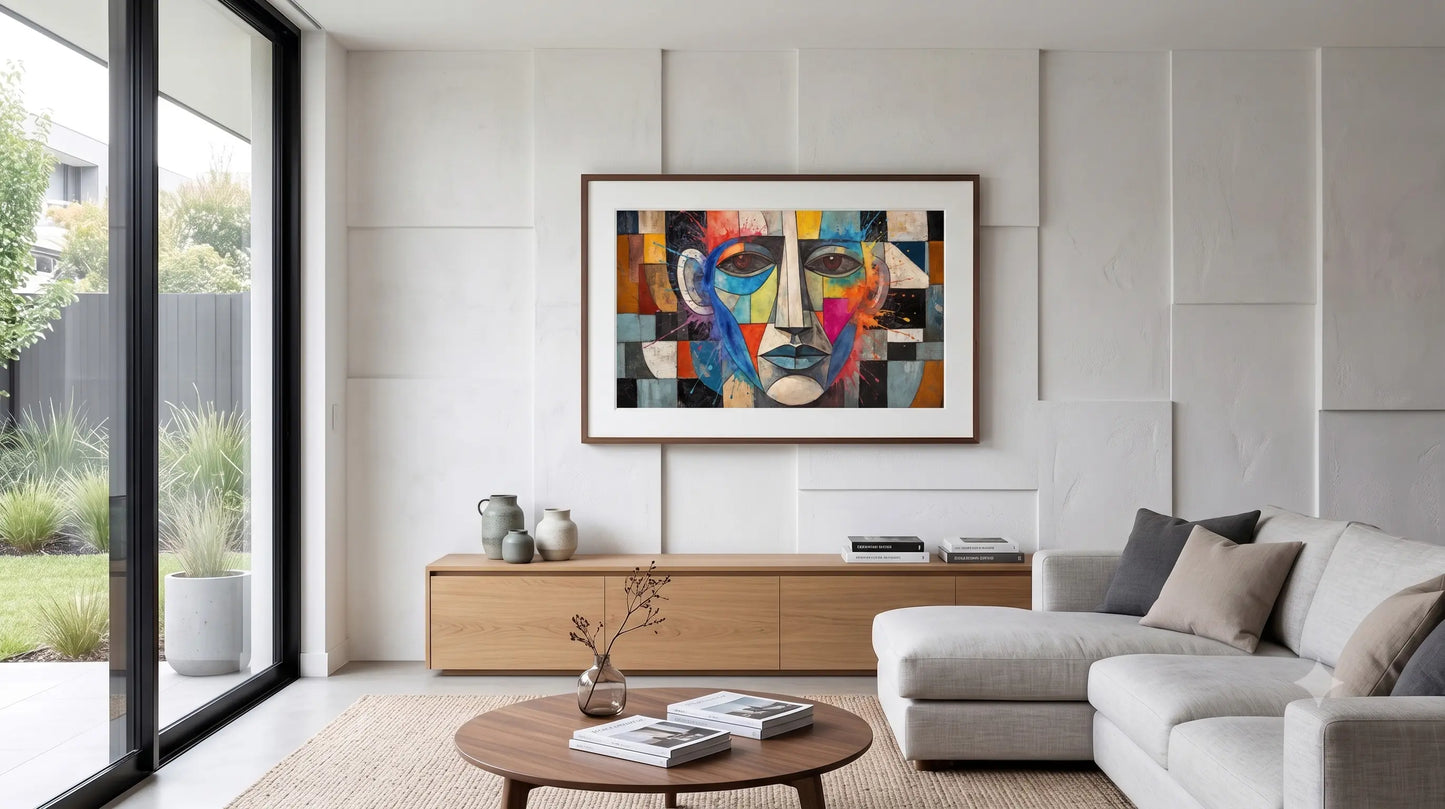 A framed abstract portrait painting with a colorful geometric face hangs on a light gray paneled wall in a modern living room with a gray sectional sofa and a wooden coffee table.