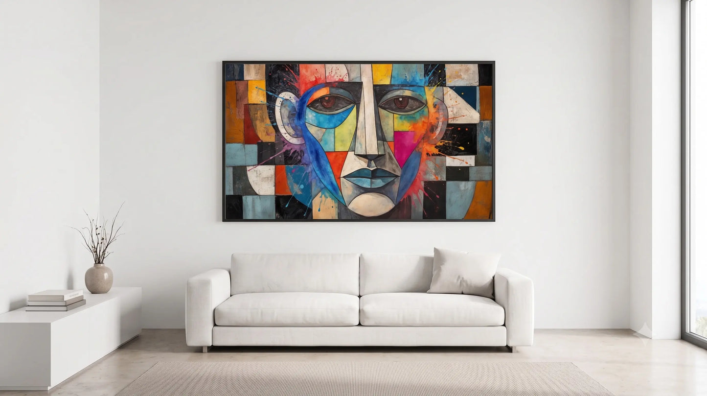 A colorful abstract canvas painting of a stylized face hangs on a white wall above a modern white sofa in a bright, minimalist living room.