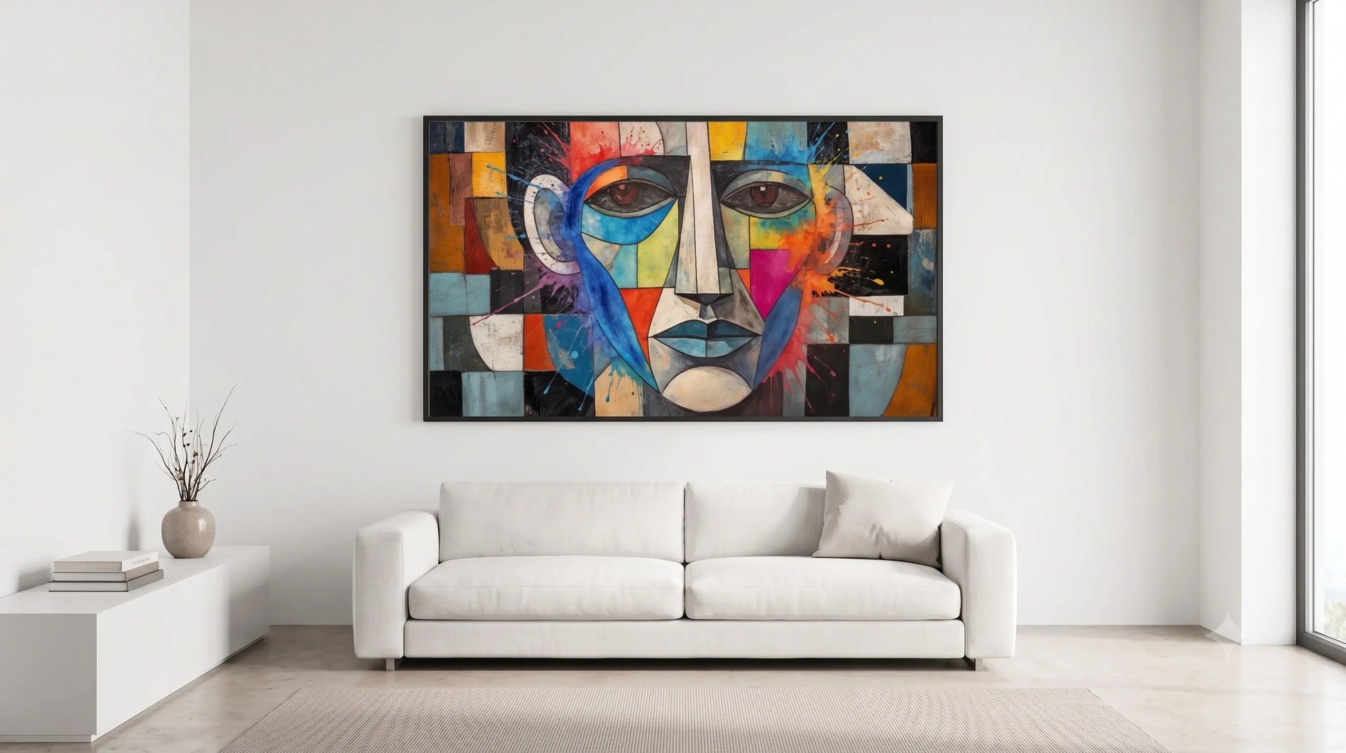 A colorful abstract canvas painting of a stylized face hangs on a white wall above a modern white sofa in a bright, minimalist living room.
