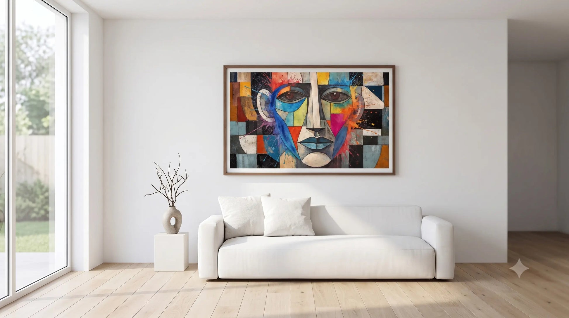 A framed abstract painting of a stylized face in geometric blocks of blue, red, yellow, black, and white, displayed on a white wall above a modern white sofa in a bright, minimalist living room.